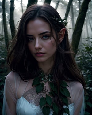 photorealistic, raw photo, stunningly photo of beautiful elf woman, goddess of nature, sexy see-through sheer, intricate elf gown, perfect body, detailed skin texture and pores, in wonderful fantasy forest, mist, intricate, magical atmospheric scene, wind blow. flowing hair, flowing leaf, light particles, bokeh, bloom, film grain, red theme, dramatic cinematic LUT,chuuChloe