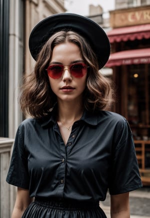 red sunglasses.New Look .Long curly hair.1950s European and American hats.gorgeous female.Floor length skirt.looking at viewer, portrait, photography, detailed skin, realistic, photo-realistic, 8k, highly detailed, full length frame, High detail RAW color art, piercing, diffused soft lighting, shallow depth of field, sharp focus, hyperrealism, cinematic ,chuuChloe,aunt cass