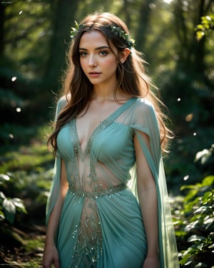 photorealistic, raw photo, stunningly photo of beautiful elf woman, goddess of nature, sexy see-through sheer, intricate elf gown, perfect body, detailed skin texture and pores, in wonderful fantasy forest, mist, intricate, magical atmospheric scene, wind blow. flowing hair, flowing leaf, light particles, bokeh, bloom, film grain, blue theme, dramatic cinematic LUT,chuuChloe