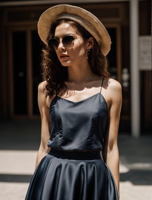 Sunglasses.New Look .Long curly hair.1950s European and American hats.gorgeous female.Floor length skirt.looking at viewer, portrait, photography, detailed skin, realistic, photo-realistic, 8k, highly detailed, full length frame, High detail RAW color art, piercing, diffused soft lighting, shallow depth of field, sharp focus, hyperrealism, cinematic ,chuuChloe