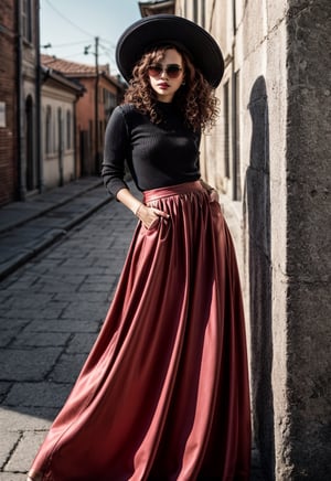 Sunglasses.New Look .Long curly hair.1950s European and American hats.gorgeous female.Floor length skirt.looking at viewer, portrait, photography, detailed skin, realistic, photo-realistic, 8k, highly detailed, full length frame, High detail RAW color art, piercing, diffused soft lighting, shallow depth of field, sharp focus, hyperrealism, cinematic ,chuuChloe