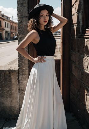 cloche.Long curly hair.gorgeous female.Floor length skirt.looking at viewer, portrait, photography, detailed skin, realistic, photo-realistic, 8k, highly detailed, full length frame, High detail RAW color art, piercing, diffused soft lighting, shallow depth of field, sharp focus, hyperrealism, cinematic ,chuuChloe,aunt cass,sciamano240