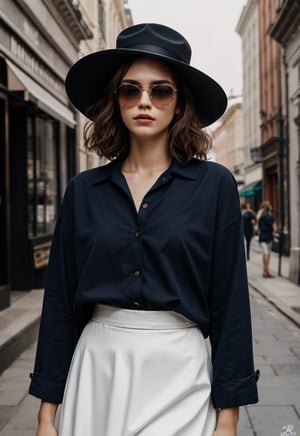 Sunglasses.New Look .Long curly hair.1950s European and American hats.gorgeous female.Floor length skirt.looking at viewer, portrait, photography, detailed skin, realistic, photo-realistic, 8k, highly detailed, full length frame, High detail RAW color art, piercing, diffused soft lighting, shallow depth of field, sharp focus, hyperrealism, cinematic ,chuuChloe