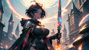 masterpiece, best quality, big_breasts, thick thighs, short_hair , colored_skin, magic_girl, flames , fantasy, wizards, cloak, wizard staff, aura, ki, ,Niji Kei