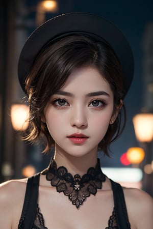 masterpiece, best quality, raw photo, 1girl, short hair, bright grey eyes, detailed eyes and face, half body,  cinematic lighting, brim lighting, (dark, night, streets, lamps, blurred background), bokeh, deep shadow, low key, ( exquisite clothing, filigree)