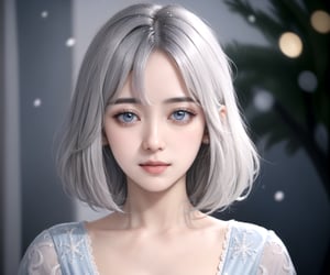 masterpiece, bust shot portrait,  trendy hair, white hair, 1_girl,  frontal view, looking at camera, slight smile, light gray eyes,  ( filigree, ornaments, light blue dress),  oil painting style, (bokeh, snowy background), cinematic lighting,