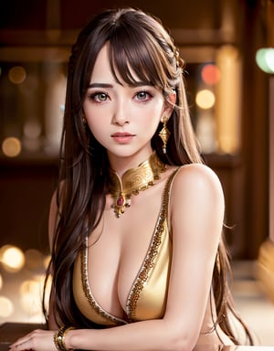masterpiece,1 girl, (colorful), (finely detailed beautiful eyes and detailed face) , elegant posture, (beautiful, ethnic, exquisite clothing) looking at camera, cinematic lighting, bust shot, extremely detailed CG unity 8k wallpaper, smooth skin tone, fair skin, (blurred streets, background )