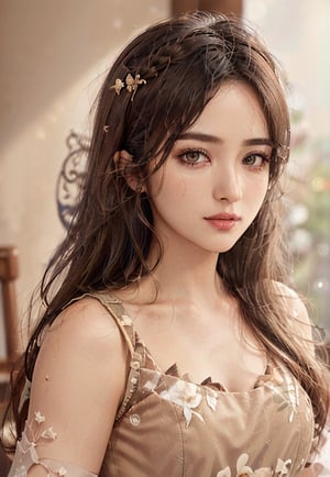 1girl, (masterpiece), ultra-equisite, dark background,  exposure blend, bust shot, bokeh, (hdr:1.4), high contrast, low saturation, (ethnic Chinese dress,beige color),   blurred_background,