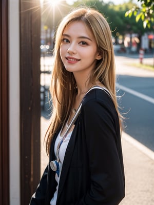 shopping mall, long blonde fringe hair, brown eyes, 1 busty girl, casual black silky clothing, smile, innocent, 100mm lens, (photorealistic, lens flare:1.4), look left side, (intricate details:1.2),(masterpiece, :1.3),(best quality:1.4), (ultra highres:1.2), ultra high res, (detailed eyes), (detailed facial features), HDR, 8k resolution, (Stethoscope), far view, (villages, mountains in background)