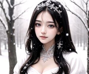 masterpiece, bust shot portrait,  trendy hair, black hair, 1_girl,  frontal view, looking at camera, slight smile, light gray eyes,  ( filigree, ornaments, white princess dress),  (bokeh, snowy trees, snow, background), cinematic lighting,