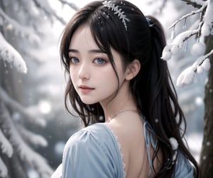 masterpiece, bust shot portrait,  trendy hair, back hair, 1_girl,  frontal view, looking at camera, slight smile, light gray eyes,  ( filigree, ornaments, light blue dress),  oil painting style, (bokeh, snowy trees, snow, background), cinematic lighting,