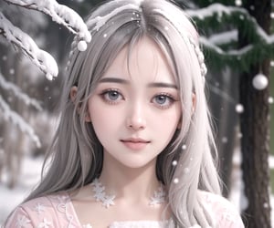 masterpiece, bust shot portrait,  trendy hair, white hair, 1_girl,  frontal view, looking at camera, slight smile, light gray eyes,  ( filigree, ornaments, pink dress),  oil painting style, (snow, snowy trees, blurred background), cinematic lighting,