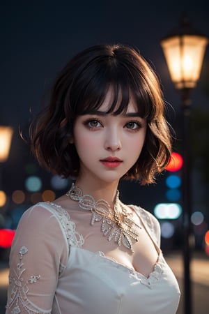 masterpiece, best quality, raw photo, 1girl, short hair, bright grey eyes, detailed eyes and face, half body,  cinematic lighting, brim lighting, (dark, night, streets, lamps, blurred background), bokeh, deep shadow, low key, ( exquisite clothing, filigree)