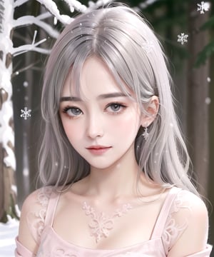 masterpiece, half body portrait,  trendy hair, white hair, 1_girl,  frontal view, looking at camera, slight smile, light gray eyes,  ( filigree, ornaments, pink dress),  oil painting style, (snow, snowy trees, blurred background), cinematic lighting,