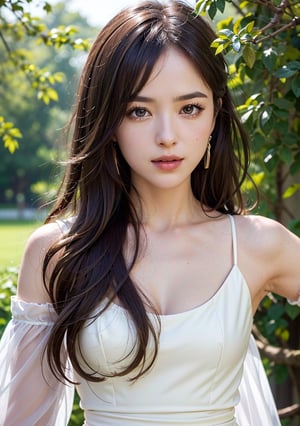  1girl, solo, long hair, brown hair, white flowy dress, detailed facial features, photorealistic, masterpiece, (woods, bushes, flowers, background)  best quality, raw photo,half_body, (alluring face), detached sleeves, small breasts, blouse,  outdoor, dynamic pose, looking at viewer, extremely detailed, ultra-detailed, hyper detailed, fine detail, intricate detail, rim lighting, ray tracing, depth of field, highres, an extremely delicate and beautiful, hdr