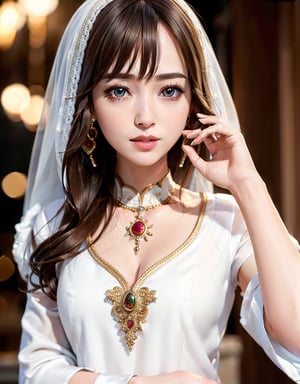 masterpiece,1girl, (colorful), (finely detailed beautiful eyes and detailed face), bust shot, elegant pose, fully dressed, (beautiful, ethnic, exquisite white clothing, silk) , looking at the camera, cinematic lighting , smooth skin tone, fair skin, (night, blurred streets, lamps, dark background )