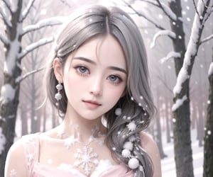 masterpiece, bust shot portrait,  trendy hair, white hair, 1_girl,  frontal view, looking at camera, slight smile, light gray eyes,  ( filigree, ornaments, pink dress),  oil painting style, (snow, snowy trees, blurred background), cinematic lighting,