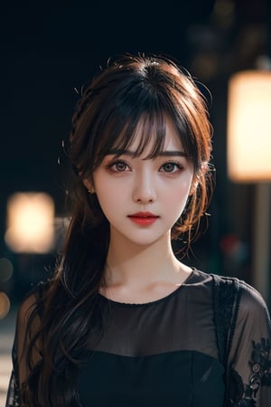 masterpiece, best quality, raw photo, 1girl, trendy hairstyle, bright grey eyes, detailed eyes and face, half body,  cinematic lighting, brim lighting, (dark, night, streets, lamps, blurred background), bokeh, deep shadow, low key, ( exquisite clothing, filigree)