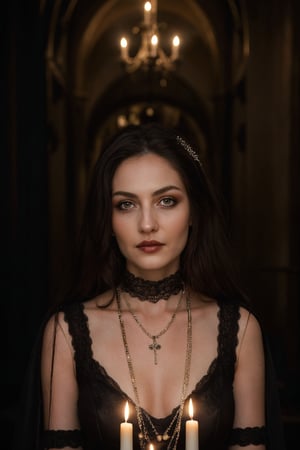 thighhighs, woman , gothic, fantastic,  Additionally, the model wears several pearl necklaces of different lengths around her neck. Her eyes are lined with dark makeup, giving her a haunting and mysterious look. In the background, a dimly lit old Victorian mansion with Gothic arches and candle-lit chandeliers enhances the atmosphere." She has loose hair and her dress has a lace neckline.
