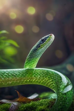 glass snake cobra with interal bioluminiscent glow in the jungle,ttansparent, near a tree, there is moss and dead leaf around, miki asai macro photo, high_res,aw0k