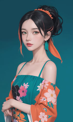 2D, CG illustration, Girlish Painting:1.4, Hyper-detailed:1.2, Colorful:1.3, (best quality,masterpiece,highly detailed), 1girl, stylish idol, unreal engin 5, octane render, 2D:1.25, limited palette flat color, digital painting, artstation, concept art, smooth, sharp focus, art by Bak Karol, oil painting, acrylic paint:1.2, (colorful:1.5), watercolor:1.1, ( by: nvinkpunk, kuvshinov:1.0), dream-like, samdoesart, ((teal and orange background)), (modelshoot style, by Koho Shoda, Mike Mignola, Joop Polder), Classicism Art