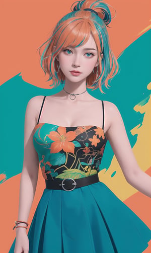 2D, CG illustration, Girlish Painting:1.4, Hyper-detailed:1.2, Colorful:1.3, (best quality,masterpiece,highly detailed), 1girl, stylish idol, unreal engin 5, octane render, 2D:1.25, limited palette flat color, digital painting, artstation, concept art, smooth, sharp focus, art by Bak Karol, oil painting, acrylic paint:1.2, (colorful:1.5), watercolor:1.1, ( by: nvinkpunk, kuvshinov:1.0), dream-like, samdoesart, ((teal and orange background)), (modelshoot style, by Koho Shoda, Mike Mignola, Joop Polder), Classicism Art