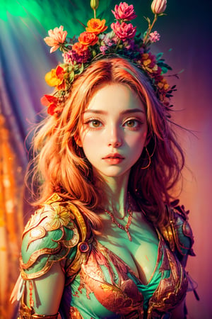 Realistic,realistic skin and face, woman, flower dress, colorful, darl background,flower armor,green theme,exposure blend, medium shot, bokeh, (hdr:1.4), high contrast, (cinematic, teal and orange:0.85), (muted colors, dim colors, soothing tones:1.3), low saturation,big_boobies, skin textures:1.2, deep cleavage,full_body, ,Realism,Detailedface