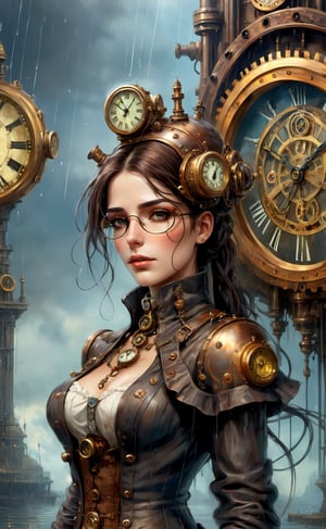 olpntng style, high quality steampunk portrait of the woman called Goddess Time with a clock for a head played by Sam Elliott, clock goggles, amazing background, by tomasz alen kopera and peter mohrbacher, dripping sparks, rain, sharp focus, clear, vibrant, denoised, intricately detailed, amazing clock, 8k, steampunk clock render engine, oil painting, heavy strokes, paint dripping,HZ Steampunk,dashataran,3d style