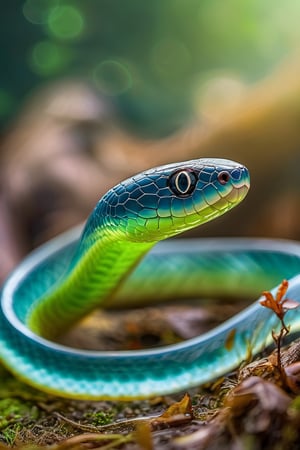 glass snake cobra with interal bioluminiscent glow in the jungle,ttansparent, near a tree, there is moss and dead leaf around, miki asai macro photo, high_res,aw0k