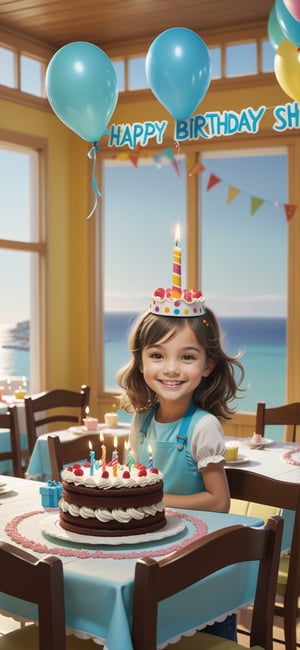 2D, cute young girl, smiling, at a Birthday party, in a dining room of a seaside house, (((a sign that reads "Happy Birthday Shanda"))), tiered birthday cake, presents, surrounded by kids, girls, and boys, (style of Skottie Young:1.3) 
(masterpiece, best quality:1.5), text as ""