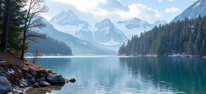 Beautiful small Mountain Lake in the Winter (evergreen trees, trees with no leaves), with slightly wavy water and snowcapped mountains, (no haze), (no fog), view from shoreline, 1pm, dramatic lighting