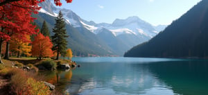 Beautiful small Mountain Lake in the Autumn (red, orange, yellow, green trees), with slightly wavy water and snowcapped mountains, (no haze), (no fog), view from shoreline, high noon, dramatic lighting