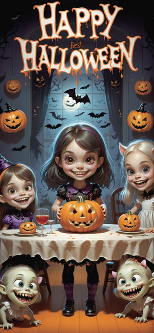 2D, creepy, cute young girl, smiling, at a halloween party in a dining room, (((holding a sign that says "Happy Halloween"))), surrounded by monsters (ghosts, vampires, werewolves, witches), (style of Skottie Young:1.3) 
(masterpiece, best quality:1.5), text as ""