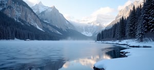 Beautiful small Frozen Mountain Lake in the Winter (evergreen trees, trees with no leaves), with slightly wavy water and snowcapped mountains, (no haze), (no fog), Ice Covered Lake, view from shoreline, 1pm, dramatic lighting