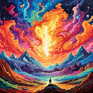 Leonardo Style, A breathtaking landscape painting depicting a lone man standing in front of a towering, snow-capped mountain. He raises his arms to collect the energy from universe, harnessing the cosmic energy of the universe, while the night sky above is ablaze with swirling nebulas and distant galaxies. The man's silhouette radiates power and determination in this surreal masterpiece, colorful, detailed, 4k, pro vector, full design, Alchemy Smooth Upscaled Image,