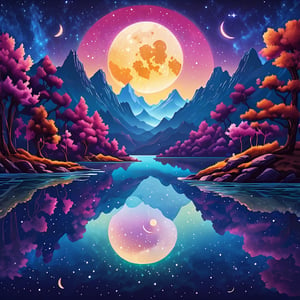 Leonardo Style, A serene photograph capturing the essence of Yin and Yang in nature: a calm lake reflecting a clear night sky with a half-moon, where the dark and light halves of the moon are mirrored perfectly in the water, symbolizing cosmic harmony and balance, ensuring a visually stunning masterpiece, colorful, detailed, 4k, pro vector, full design, Alchemy Smooth Upscaled