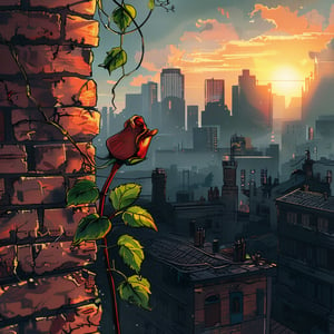 handpainted, Let's create a breathtakingly beautiful illustration of A single rosebud pushing through a cracked brick wall, surrounded by ivy. The background is a cityscape, implying urban renewal, picture should be melodramatic, abstract, romantic, melancholic, inspire. Picture should be extremely detailed, extremely realistic, neatly drawn