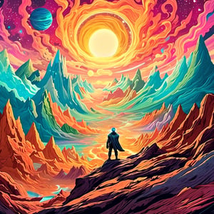 Leonardo Style, A digital artwork that combines elements of science fiction and fantasy, portraying a man on a distant planet, surrounded by otherworldly mountains that seem to pulse with cosmic energy. He holds a glowing orb that channels the power of nearby nebulae and galaxies, creating a surreal and awe-inspiring spectacle, surreal masterpiece, colorful, detailed, 4k, pro vector, full design, Alchemy Smooth Upscaled Image,
