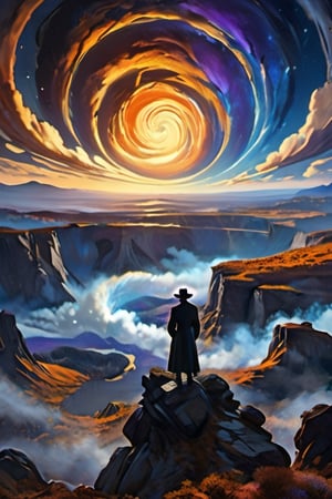 The scene depicts a man standing on the edge of a cliff, gazing out into an otherworldly vista. The atmosphere is dreamlike and mysterious.
The man is silhouetted against a swirling vortex of clouds and colors. His long coat billows in the wind, and he wears a hat that casts a shadow over his face.
The vortex itself is mesmerizing: a blend of blues, purples, and oranges. It appears to stretch infinitely, drawing the viewer’s eye toward its center.
The overall composition evokes a sense of wonder and contemplation. Is the man an explorer, a wanderer, or perhaps something more mystical? The answer lies within the swirling depths of this captivating image.