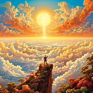 Leonardo Style, A mesmerizing photograph of a man standing at the edge of a cliff, overlooking a sea of clouds that stretches out below. The setting sun bathes the scene in warm, golden light, and the man's outstretched arms seem to draw energy from the sun itself, creating a stunning contrast between the earthly and celestial realms in this surreal masterpiece, colorful, detailed, 4k, pro vector, full design, Alchemy Smooth Upscaled Image,
