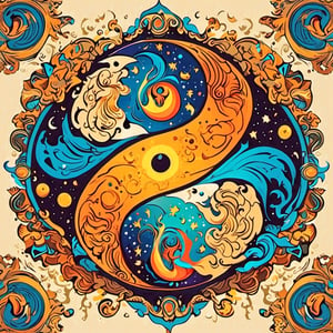 Leonardo Style, Exquisite representation of the Yin and Yang energies merging flawlessly, symbolizing cosmic unity, ensuring a visually stunning masterpiece, colorful, detailed, 4k, pro vector, full design, Alchemy Smooth Upscaled