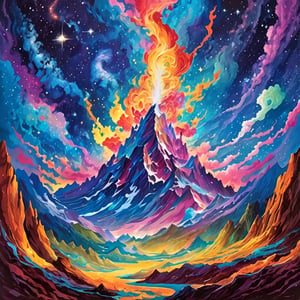 Leonardo Style, A breathtaking landscape painting depicting a lone man standing in front of a towering, snow-capped mountain. He raises his arms to collect the energy from universe, harnessing the cosmic energy of the universe, while the night sky above is ablaze with swirling nebulas and distant galaxies. The man's silhouette radiates power and determination in this surreal masterpiece, colorful, detailed, 4k, pro vector, full design, Alchemy Smooth Upscaled