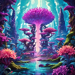 Leonardo Style, Cosmic energy flows gracefully through an ethereal garden, illuminating vibrant alien flora with its soft radiance. A celestial being, akin to a spirit, dances among the otherworldly blossoms. The scene is bathed in a surreal, otherworldly light, with an artist's touch that blends realism and fantasy. The medium is digital, creating a dreamlike atmosphere where every detail is meticulously rendered. The style is a fusion of science fiction and fantasy, with intricate details and hyper-detailed plants. The color scheme includes iridescent purples, blues, and greens, reminiscent of an alien paradise. The computer graphics are of the highest quality, ensuring a visually stunning masterpiece, colorful, detailed, 4k, pro vector, full design, Alchemy Smooth Upscaled