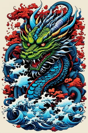 Leonardo Style,tshirt design, Japanese t-shirt designs, like tattoos, full of pictures, pictures of a dragon with its fireballs, dark blue, light blue, purple, green, t-shirt designs, with sea wave ornaments underneath, Japanese style, Japanese comics, manga, white background