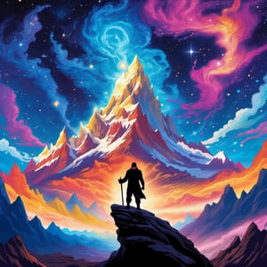 Leonardo Style, A breathtaking landscape painting depicting a lone man standing in front of a towering, snow-capped mountain. He raises his arms, harnessing the cosmic energy of the universe, while the night sky above is ablaze with swirling nebulas and distant galaxies. The man's silhouette radiates power and determination in this surreal masterpiece, colorful, detailed, 4k, pro vector, full design, Alchemy Smooth Upscaled Image,
