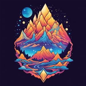 Leonardo Style,tshirt design, A surreal digital artwork combining elements of fantasy and reality. In the foreground, a majestic mountain range stands tall, illuminated by a surreal night light emanating from a mystical source. The stars in the sky twinkle like diamonds, and the mountains seem to come alive with energy, creating an otherworldly, captivating image, 4k, T-shirt design, streetwear design, pro vector, full design, Alchemy Smooth Upscaled Image