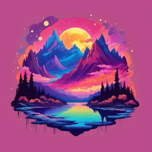 Leonardo Style,tshirt design, neon light art, An impressionist-style painting of a moonlit landscape featuring a tranquil lake surrounded by towering mountains. The night light casts a soft, ethereal glow, creating a dreamlike atmosphere. The reflection of the stars on the calm water adds a touch of magic to this serene scene, colorful, detailed, 4k, T-shirt design, streetwear design, pro vector, full design, Alchemy Smooth Upscaled Image