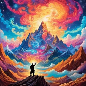 Leonardo Style, A breathtaking landscape painting depicting a lone man standing in front of a towering, snow-capped mountain. He raises his arms, harnessing the cosmic energy of the universe, while the night sky above is ablaze with swirling nebulas and distant galaxies. The man's silhouette radiates power and determination in this surreal masterpiece, colorful, detailed, 4k, pro vector, full design, Alchemy Smooth Upscaled Image,