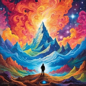 Leonardo Style, A breathtaking landscape painting depicting a lone man standing in front of a towering, snow-capped mountain. He raises his arms to collect the energy from universe, harnessing the cosmic energy of the universe, while the night sky above is ablaze with swirling nebulas and distant galaxies. The man's silhouette radiates power and determination in this surreal masterpiece, colorful, detailed, 4k, pro vector, full design, Alchemy Smooth Upscaled Image,