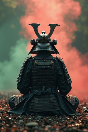 Samurai meditating with broken armor, battle scenery, unreal engine, ultra realistic, 8k, hyper detailed, cinematic lighting, red green smoke from behind